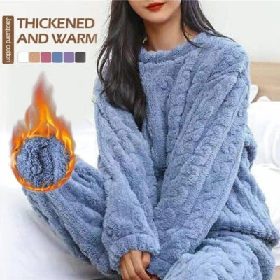 Ladies Fleece Pyjama Set Soft Warm Crew Neck Top Pants Loungewear Nightwear