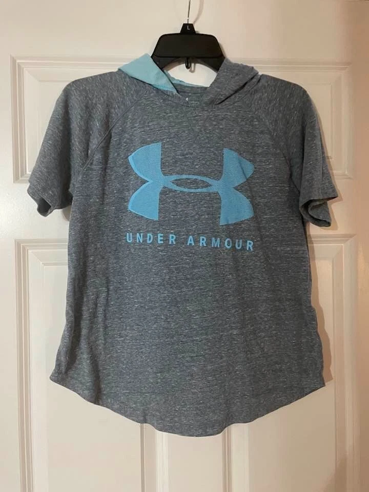 UNDER ARMOUR Girls SS Hooded Top with Logo and Mesh Lining for Hood Size S EUC!! - Image 1 of 1