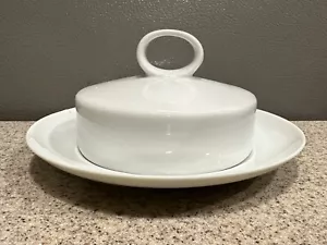 Vintage Porcelana Schmidt Brasil Round Covered Butter Dish White Crock Bell EUC! - Picture 1 of 7