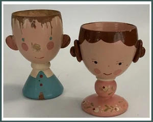 Vtg SEVI Italy Wood Egg Cups - Boy & Girl - Brown Hair - SET OF 2 - Read Desc! - Picture 1 of 10