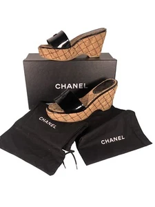 Chanel Cork Quilted Black Patent Leather Wedge Platform Sandals - Picture 1 of 11