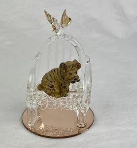 Vintage Hand Blown Spun Glass Chair Gold Bird Dog Figurine Pink Mirror Base - Picture 1 of 9