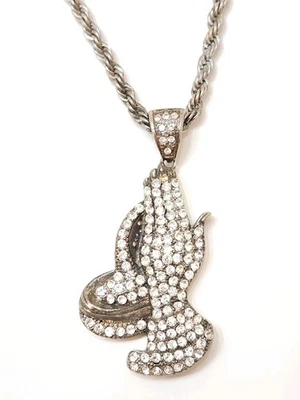 "Collar de cadena de cuerda de 30"" colgante religioso manos de oración circonita cúbica helada para hombre" Foto 1 de 4