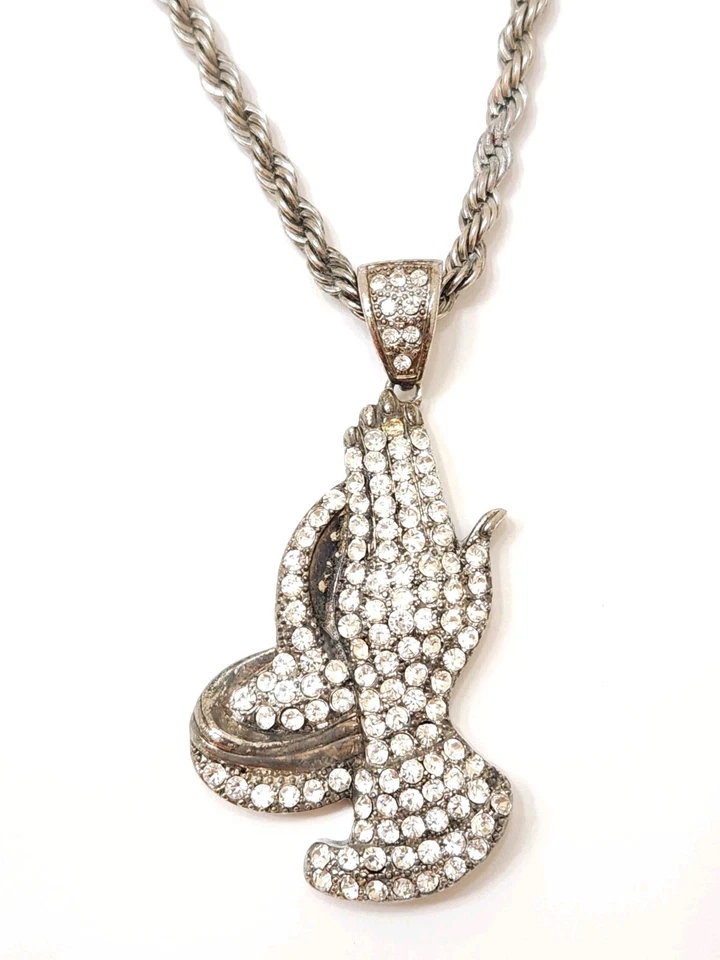 Men's Iced Out CZ Prayer Hands Religious Pendant Silver 30” Rope Chain Necklace - Image 1 of 4