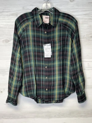 SO Shirt Womens XS Green Navy Plaid Button Front Long Sleeve Cotton Modal NWT - Image 1 of 4