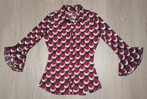 Vtg 70s Burgundy Gold Metallic Psychedelic 3/4 Trumpet Sleeve Top Shirt MOD XS - Picture 1 of 10