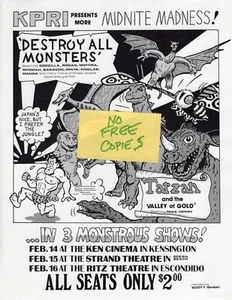 Scott Shaw DESTRUYE TODOS LOS MONSTRUOS + TARZÁN Midnite Madness Películas KPRI Handbill CA - Imagen 1 de 1