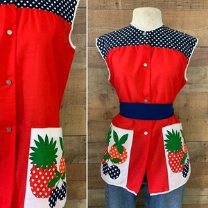 Vintage 1970’s Fruit Pockets Apron Snap Front Tunic Smock Top Adorable Fun - Picture 1 of 7