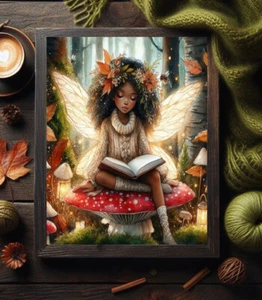 Autumn Black Fairy Reading book Mushroom Whimsical Fantasy Watercolor print Art - Picture 1 of 4