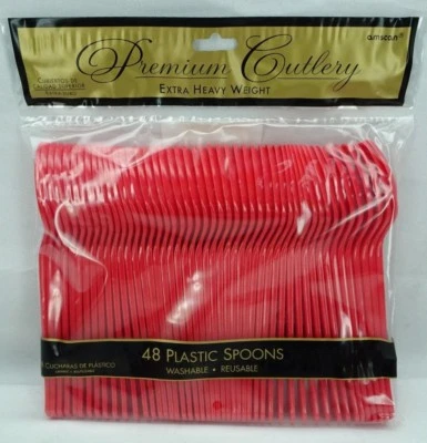 Pack of 48 / Amscan Party Perfect Plastic Spoon / Full Size / Red / TF - Image 1 of 4