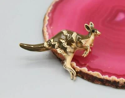 Broche Pin Canguro Animal Marrón Amarillo Tono Oro Lindo Adorable Piedra Negra Foto 1 de 4