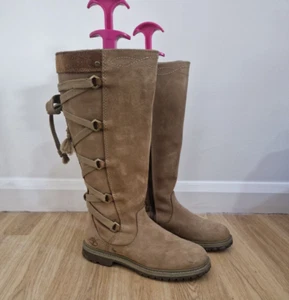 Timberland beige knee high boots size 6M UK 4 lace up leather flat back outdoor - Picture 1 of 11