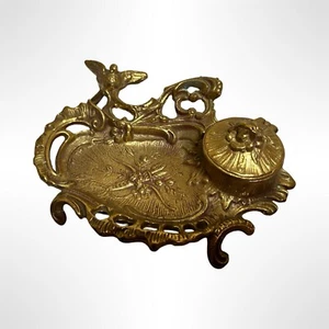 Vintage Ornate Brass Inkwell Art Nouveau with Floral and Bird Motif - Picture 1 of 7