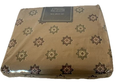 JCPenney Twin Sheet Set Tucker Vintage Home Collection 3 pc USA Cotton Brown Tan - Image 1 of 4