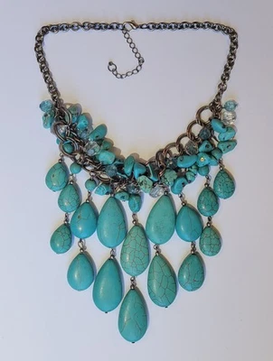 Vintage Artisan Turquoise Blue Howlite Drop Dangle Antique Bronze 16in Necklace - Image 1 of 4