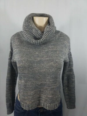 Womens Long Sleeve Rib Sweater Crop Gray Gold Metallic Cowl Neck CONFESS Size XS - Image 1 of 4