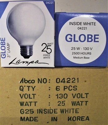 ABCO 04221 BOX 6 BULBS 25G25WH 25W G25 Globe 130V Medium Base Light Bulb White - Image 1 of 4