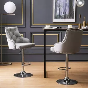 Vanimeu Bar Stool Velvet Grey with chrome nailhead Swivel footrest highback - Picture 1 of 10