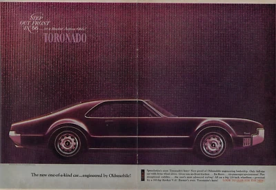1966 Oldsmobile Toronado Rocket Action 385hp Front Wheel Drive Original Print Ad - Image 1 of 2
