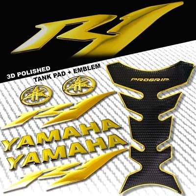 ALMOHADILLA PARA TANQUE DE COMBUSTIBLE ORO CROMADO PRO GRIP + LOGOTIPO YAMAHA DE 6" + PEGATINA EMBLEMA CARENADO YZF-R1 Foto 1 de 4