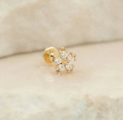 14K Solid Gold Diamant Blume Ohrring Nase / Ohr Piercing Schmuck Geschenk - Bild 1 von 4
