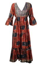 Women's Beach Maxi Dress Red,Black Recycle Sari Floral Print Tiered Dresses S/M