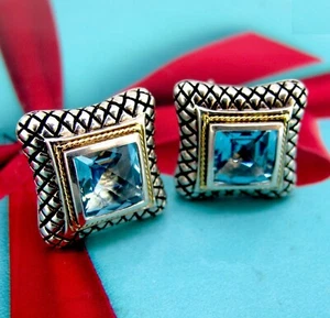 18kt Yellow Gold & Sterling Silver London Blue Topaz Omega Back Pierced Earrings - Picture 1 of 5