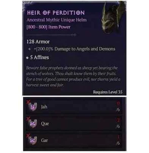 Diablo 4 S8 Erede della Perdizione Elmo Mitico Unico 6 Jah Que Gar Rune Set Artigianale - Foto 1 di 1
