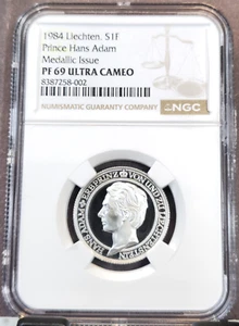 1984 LIECHTENSTEIN SILVER 1 FRANKEN PRINCE HANS NGC PF 69 ULTRA CAMEO TOP POP 1 - Picture 1 of 5