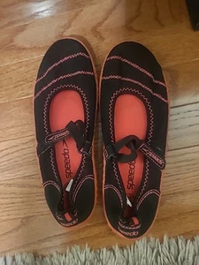 Speedo Womens 8 Water Boat Beach Shoes Mary Jane Hook & Loop Strap Black Pink - Picture 1 of 9