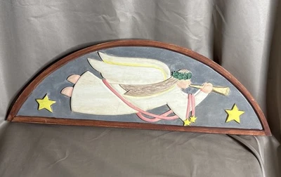 Vtg Hand Painted Angel Door Topper Folk Art Carved Primitive Wood w/ Trumpet - Image 1 of 4