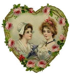 Antike viktorianische geprägte gestanzte Herz Valentinskarte eine Dame und Magd 1880er - Bild 1 von 3