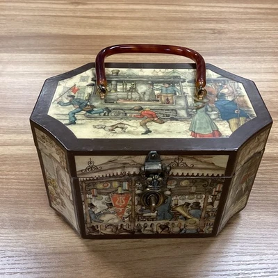 VTG Anton Pieck Scenic Decoupage Lucite Handle Wooden Hinged Purse Octagon - Image 1 of 4