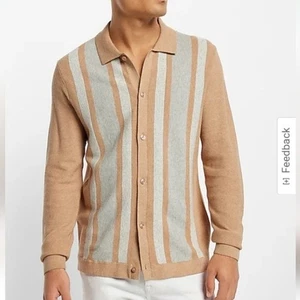Express Stripe Button Down Sweater Polo Men Small Beige Neutral Cardigan Preppy - Picture 1 of 10