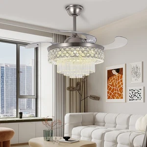 42" Reversible Ceiling Fan Retractable Crystal Chandelier 3-Color LED w/Remote - Picture 1 of 11