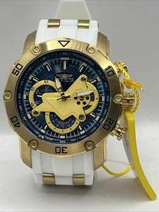 NEU INVICTA CHRONOGRAPH SCUBA PRO DIVER GOLDFARBEN BLAUES ZIFFERBLATT WEISSES BAND UHR - Bild 1 von 7