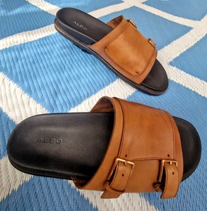 Aldo ' Sufian Cognac Slider Sandals ' Leather Beige Brown Men's Size 11 UK *** - Picture 1 of 9