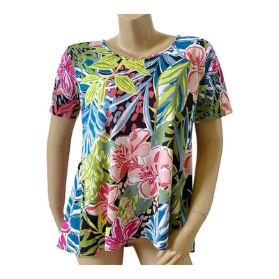SUNNY LEIGH Womens Size Large Short Sleeve Tropical Floral Print Stretch Shirt - Image 1 of 4