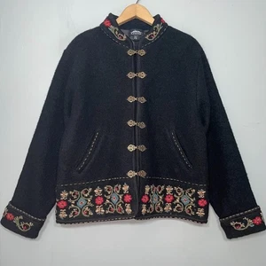 Isländisches Design gekochte Wolle Jacke Größe Large schwarz Knebel bestickt Blumen - Bild 1 von 14