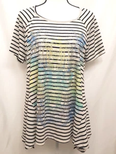 Faded Glory Women's Shirt 1X 16W Short Sleeve Black White Striped Pullover - Picture 1 of 7
