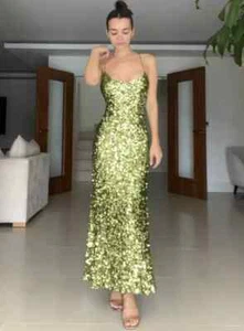 NWT ZARA $109 Strappy Sequined Midi Dress Limited Edition Green 2488/101 Size S - Picture 1 of 7
