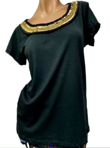 T-shirt DKNY Donna Karan NY GRANDE nera nuova con etichette $125 con scollo paillettes oro cotone - Foto 1 di 9