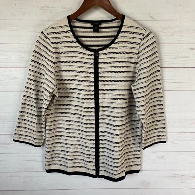 Cárdigan Suéter Grande Ann Taylor Manga 3/4 Cremallera Frontal Beige Negro Rayas Algodón Foto 1 de 4