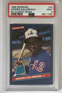 1986 Donruss Andres Galarraga RC PSA 9 No Accent Mark, card #33 Expos Rockies