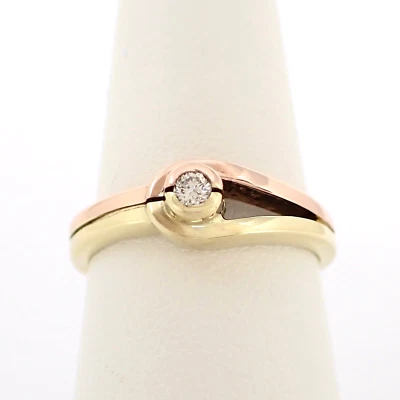 14k Gold Bezel Setting Ring Natural Diamond Hook and Eye Style Band Two Tone - Image 1 of 4