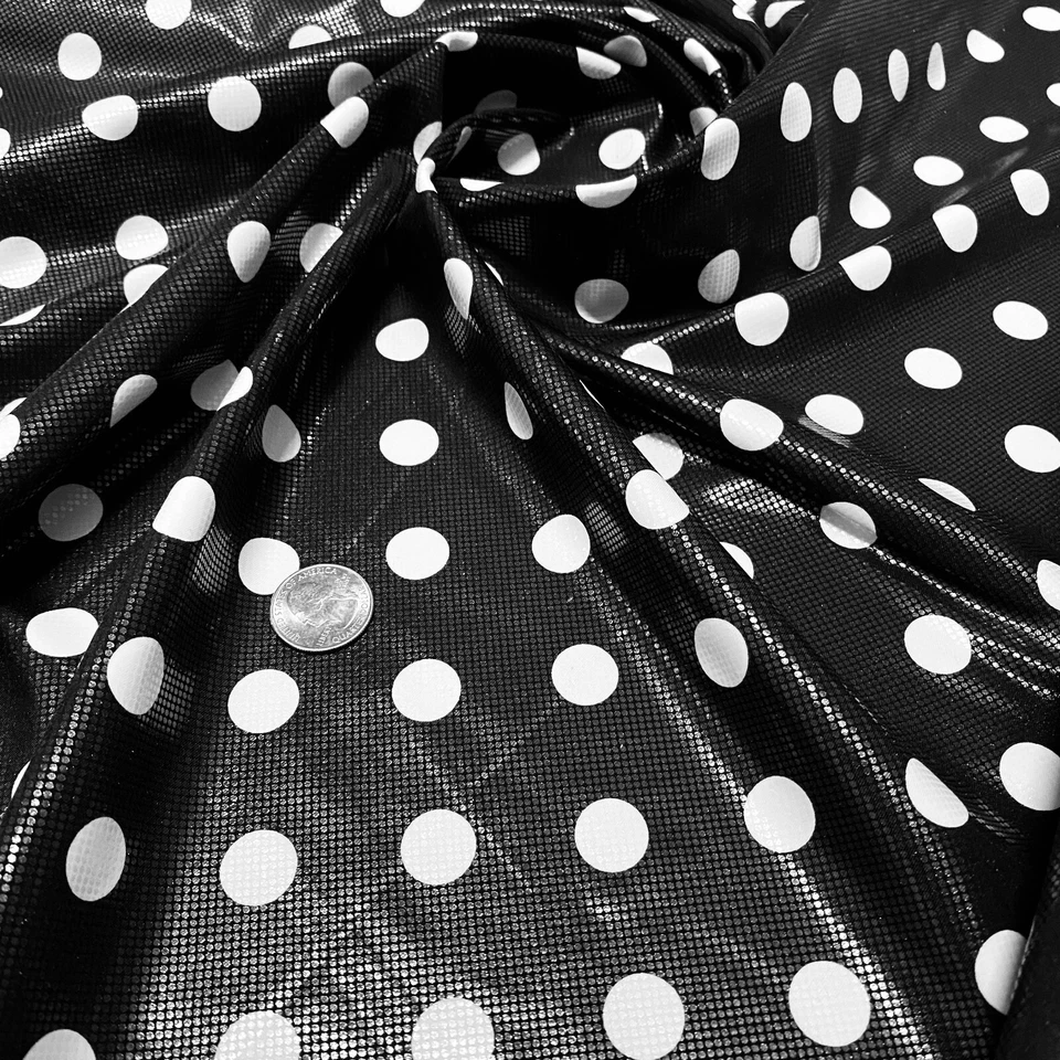 4 Way Stretch Fabric Spandex Black and White Polka Dot Metallic by Yard - Image 1 of 4