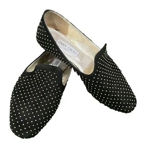 JIMMY CHOO Women's Black Suede Gold Studded Slip On Flats Loafers Size 8 - Picture 1 of 15