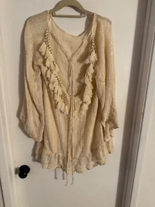 Women "Sundress" vanilla,gold, beads long sleeve, tunic/short dress. Size XS/S - Picture 1 of 2