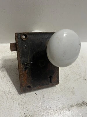 -老式白色瓷制门把手带Mortise锁无钥匙打捞五金  — 第 1/4 张图片