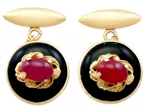 Vintage Italian 1.75 Ct Ruby and Onyx 18k Yellow Gold Cufflinks Circa 1990 - Picture 1 of 7